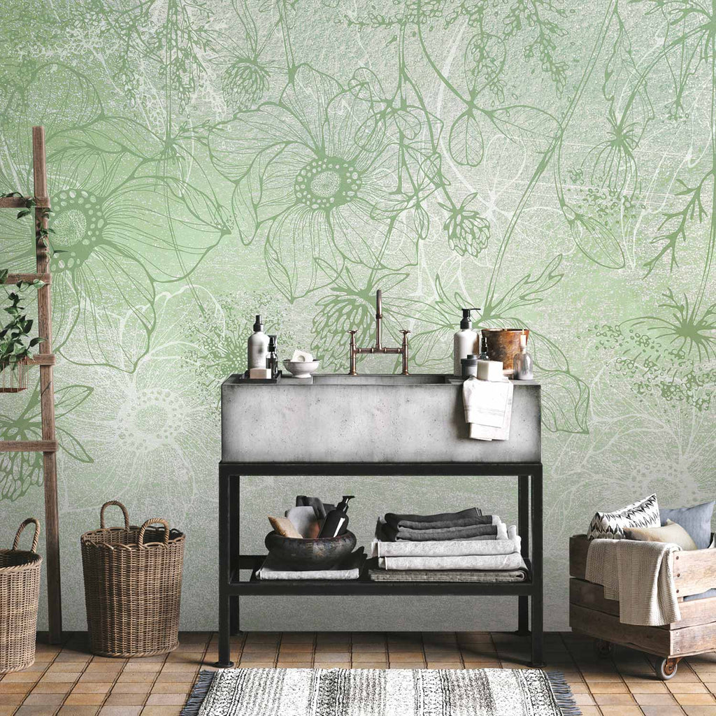 Flowery Meadow Line Art Green Wall Mural