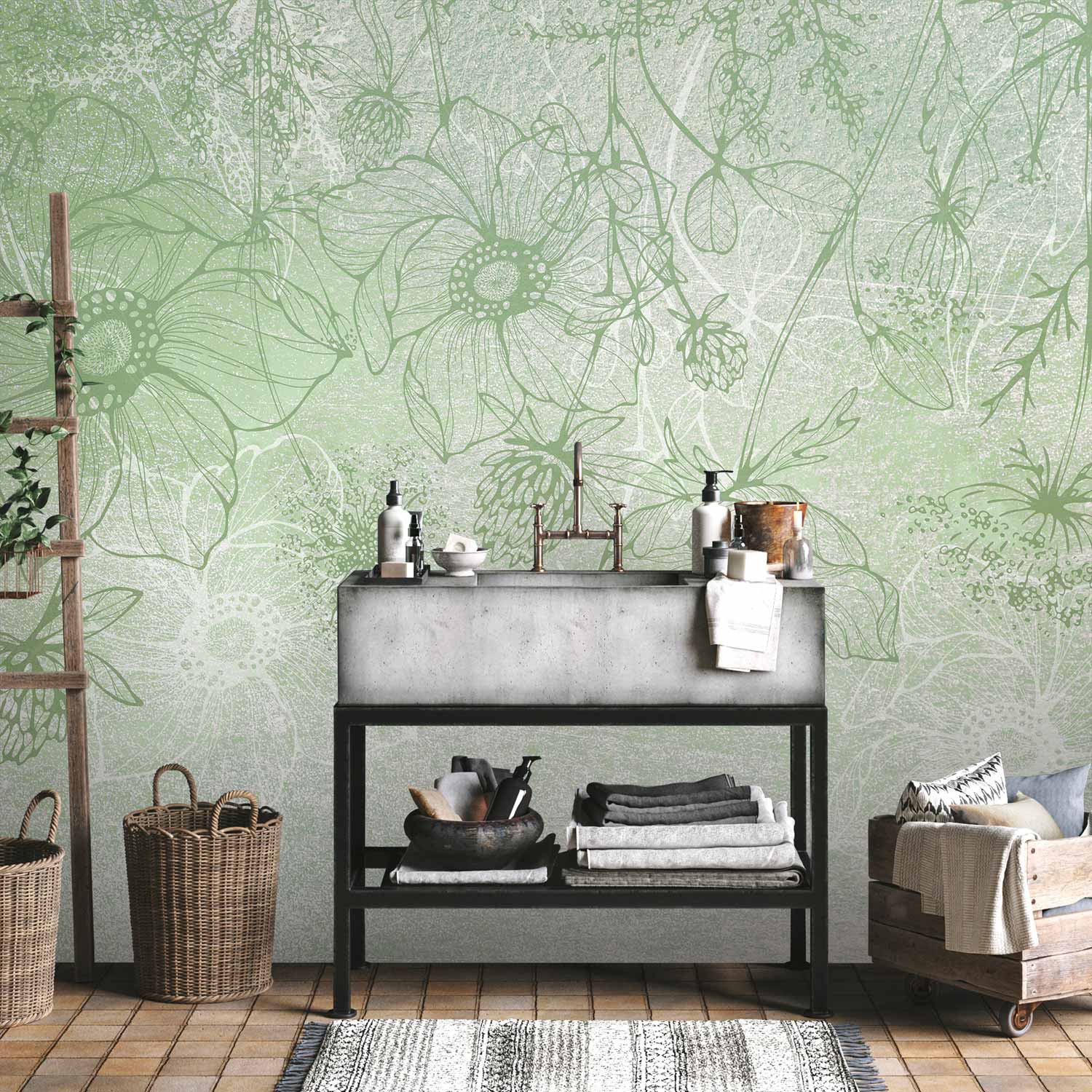 Flowery Meadow Line Art Green Wall Mural
