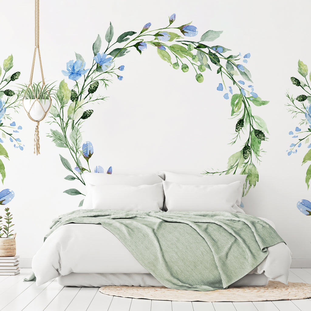 Wall Mural: Romantic Wreath with Blue Flowers