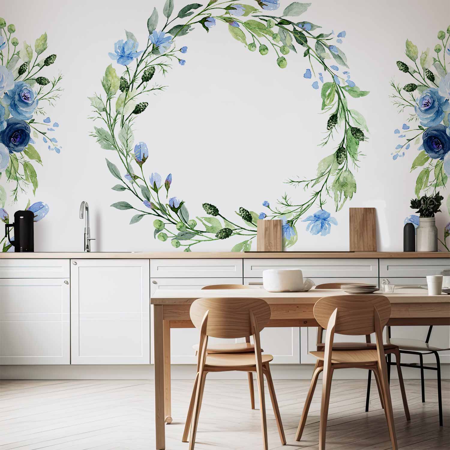 Wall Mural: Romantic Wreath with Blue Flowers