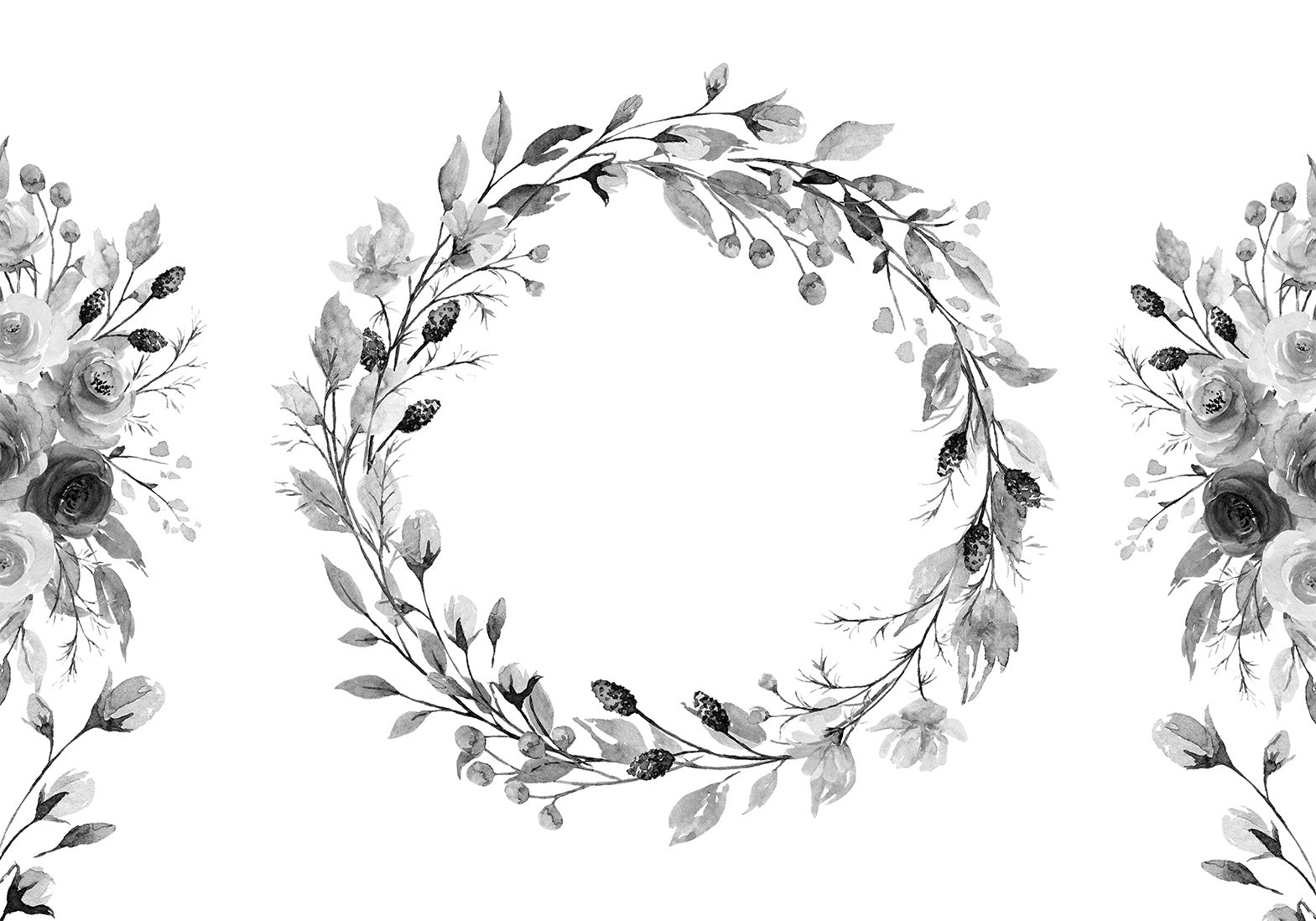 Wall Mural: Romantic Wreath with Grey Leaves and Rose Pattern