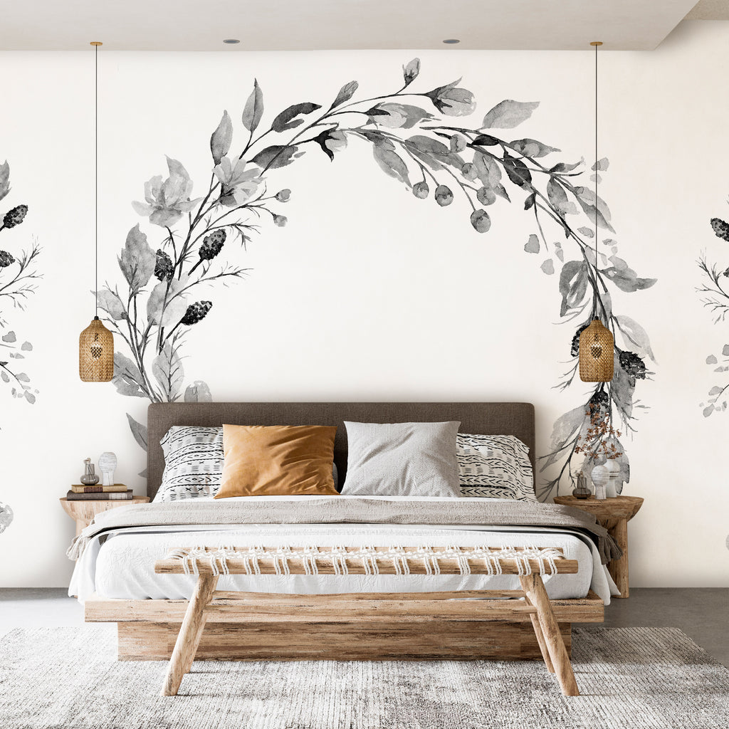 Wall Mural: Romantic Wreath with Grey Leaves and Rose Pattern