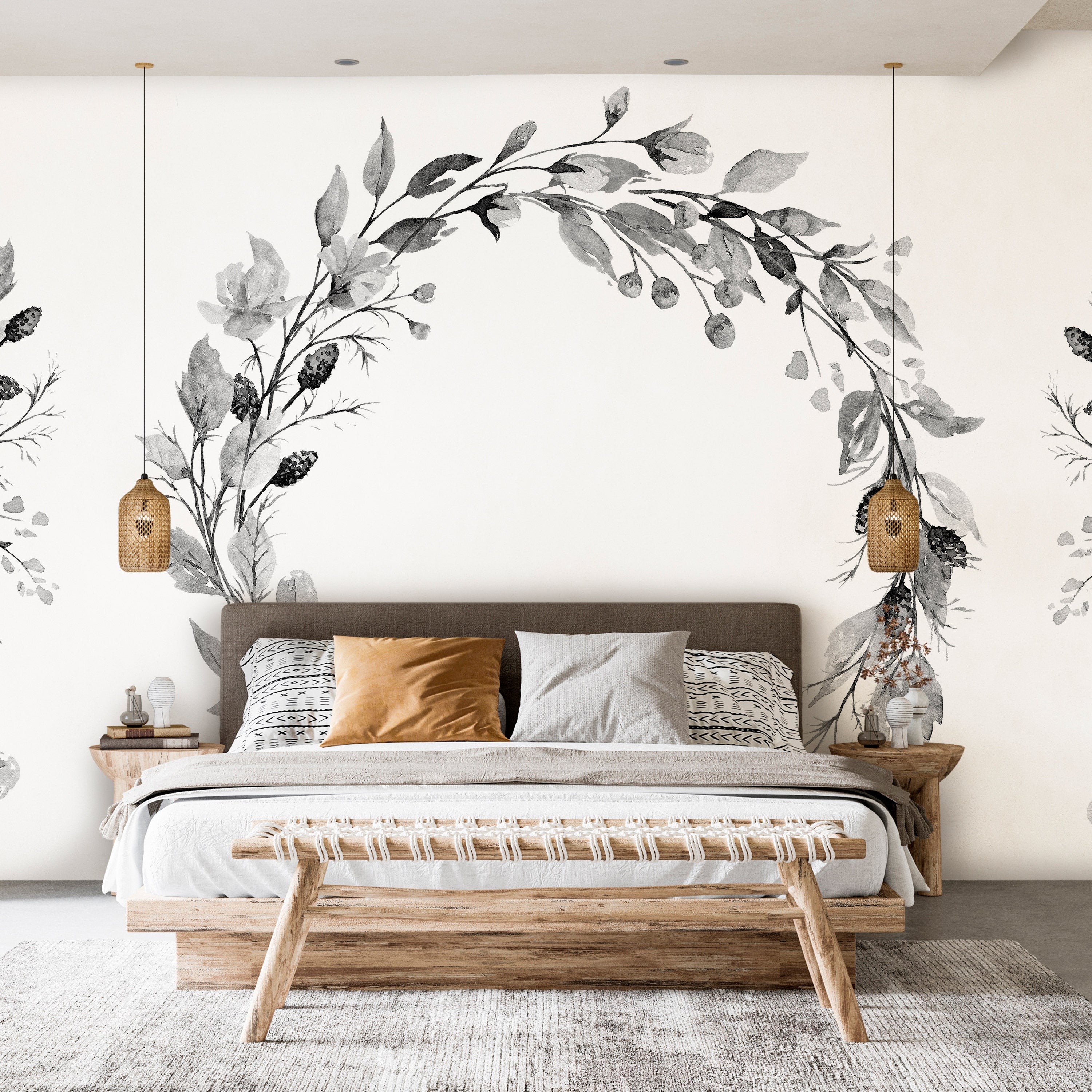 Wall Mural: Romantic Wreath with Grey Leaves and Rose Pattern