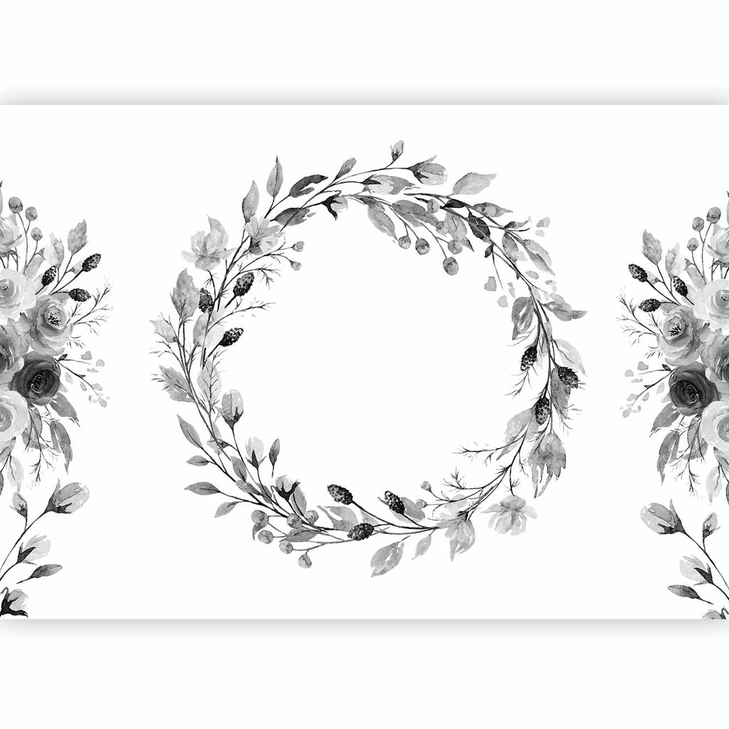 Wall Mural: Romantic Wreath with Grey Leaves and Rose Pattern