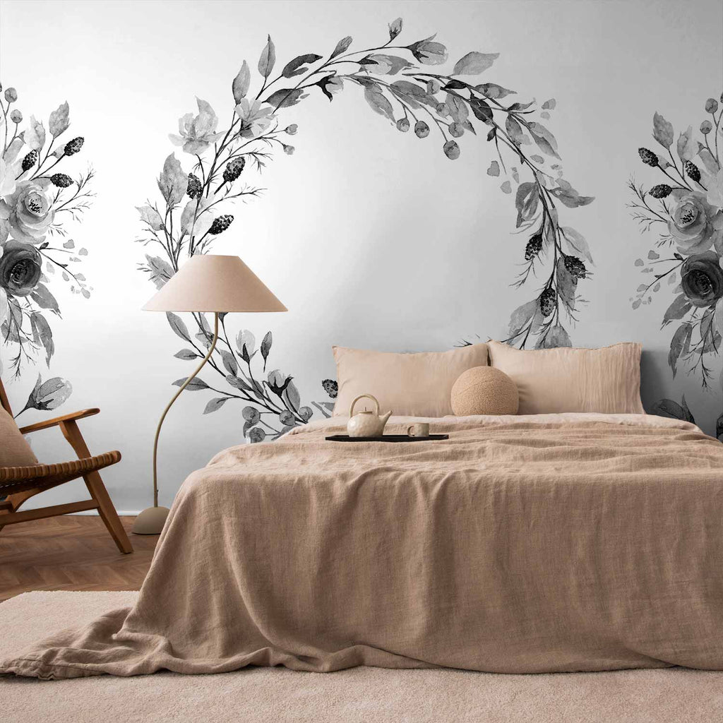 Wall Mural: Romantic Wreath with Grey Leaves and Rose Pattern