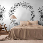 Wall Mural: Romantic Wreath with Grey Leaves and Rose Pattern