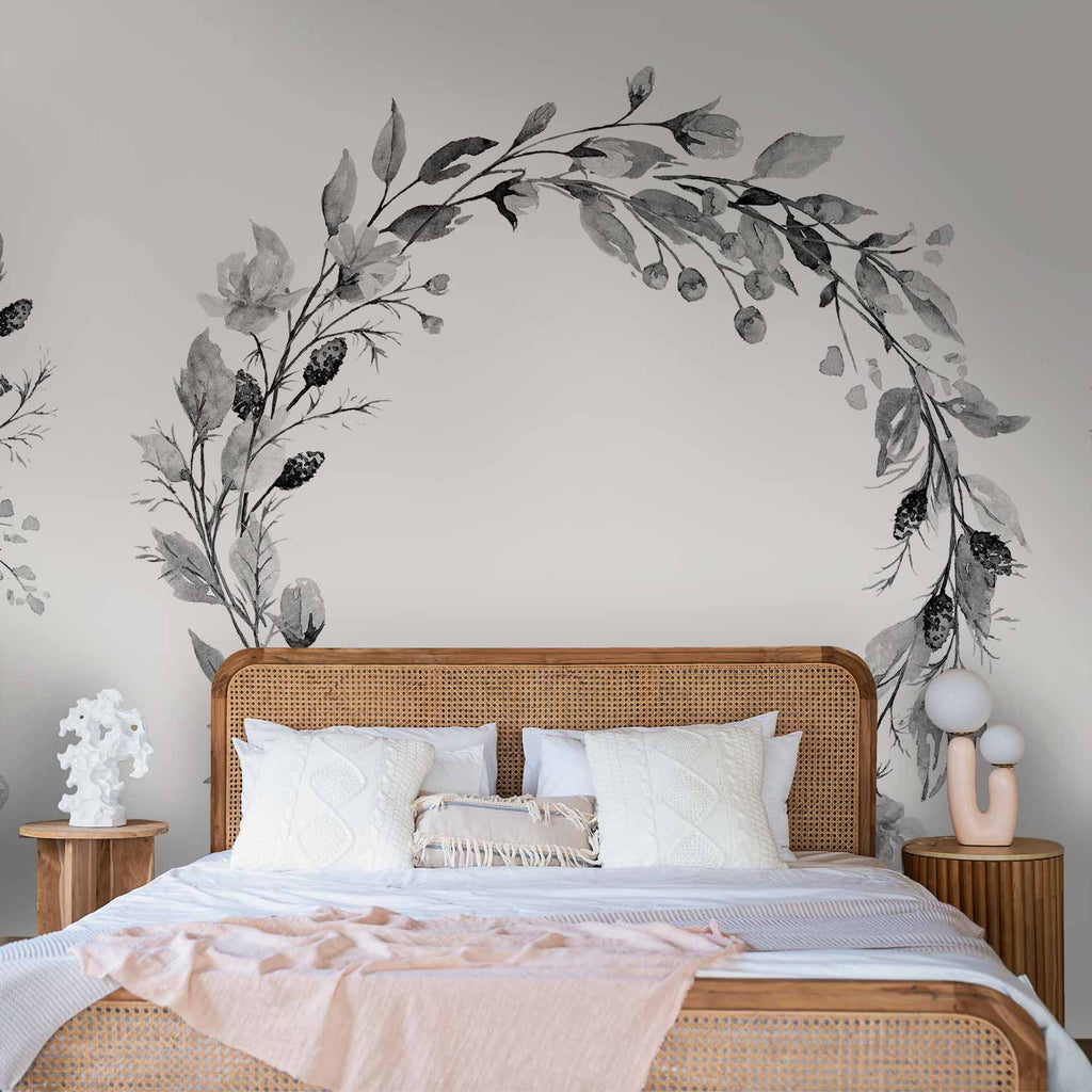 Romantic Grey Botanical Wreath Wall Mural