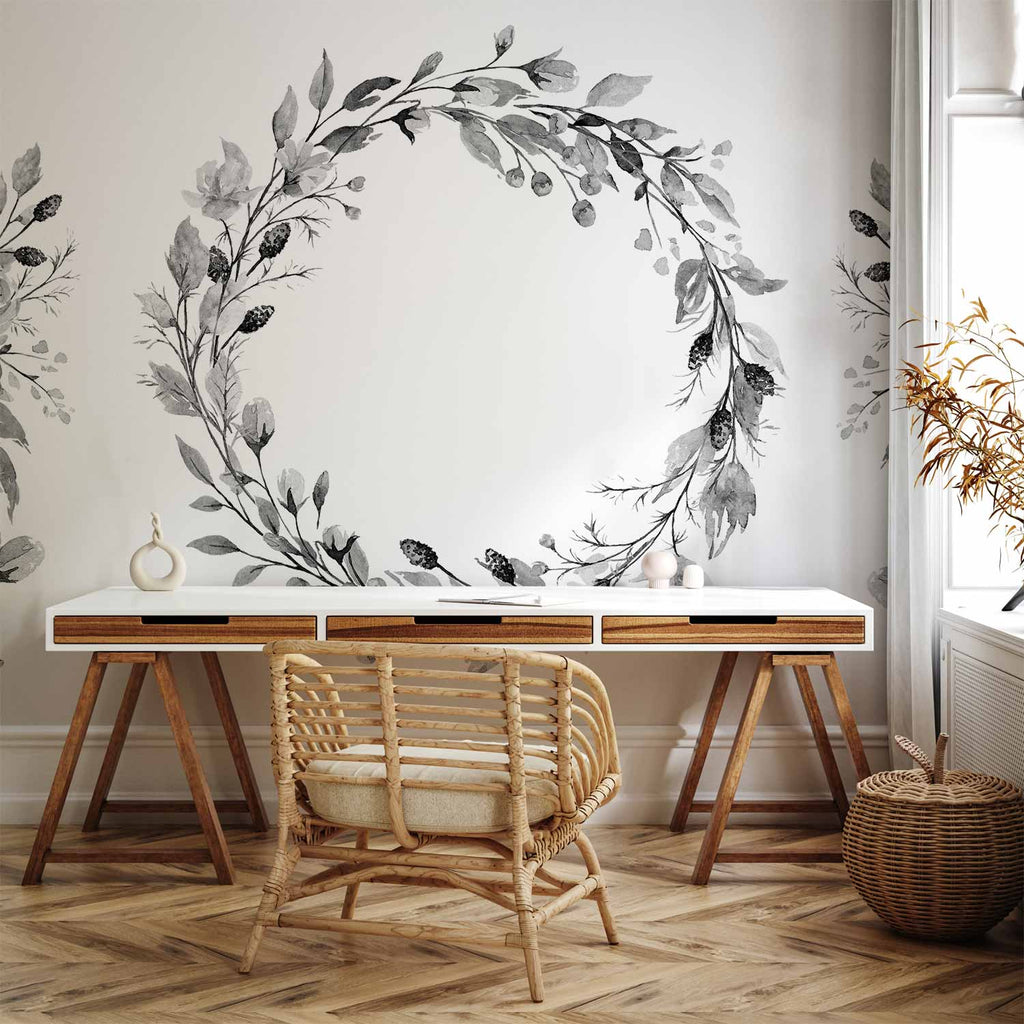 Romantic Grey Botanical Wreath Wall Mural
