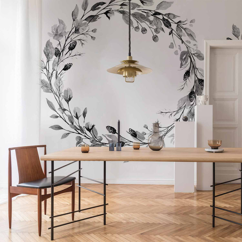 Wall Mural: Romantic Wreath with Grey Leaves and Rose Pattern