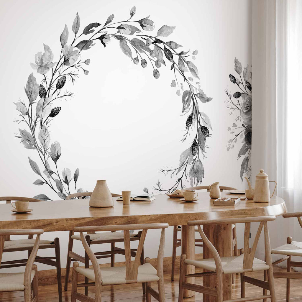 Romantic Grey Botanical Wreath Wall Mural