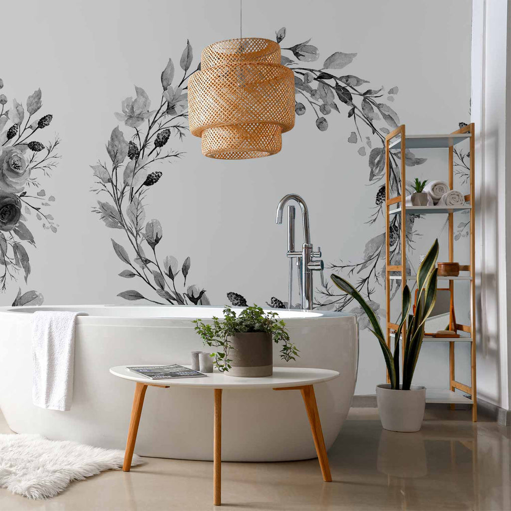 Romantic Grey Botanical Wreath Wall Mural