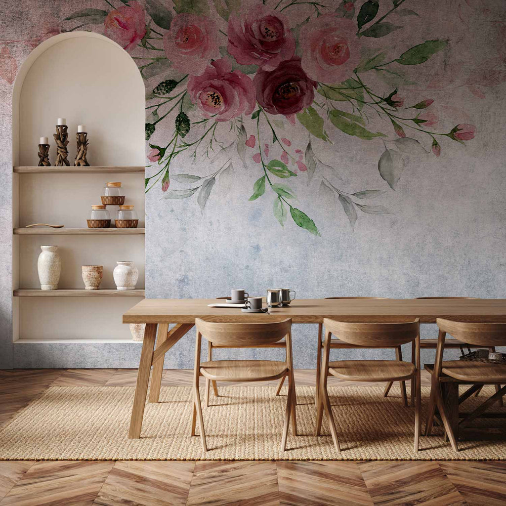 Wall Mural - Summer Bloom with Flowers and Leaves in Pink Tones
