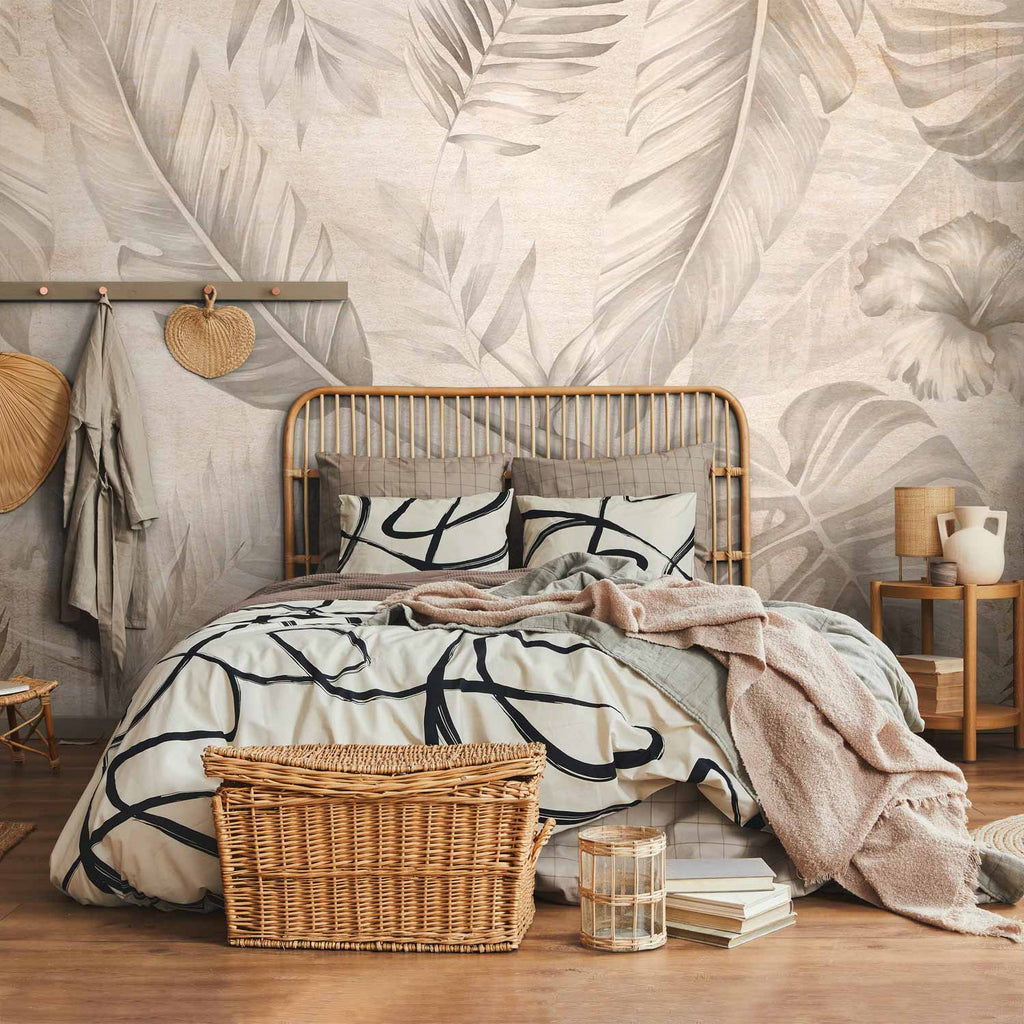 Sepia Tropical Jungle Leaves Wall Mural