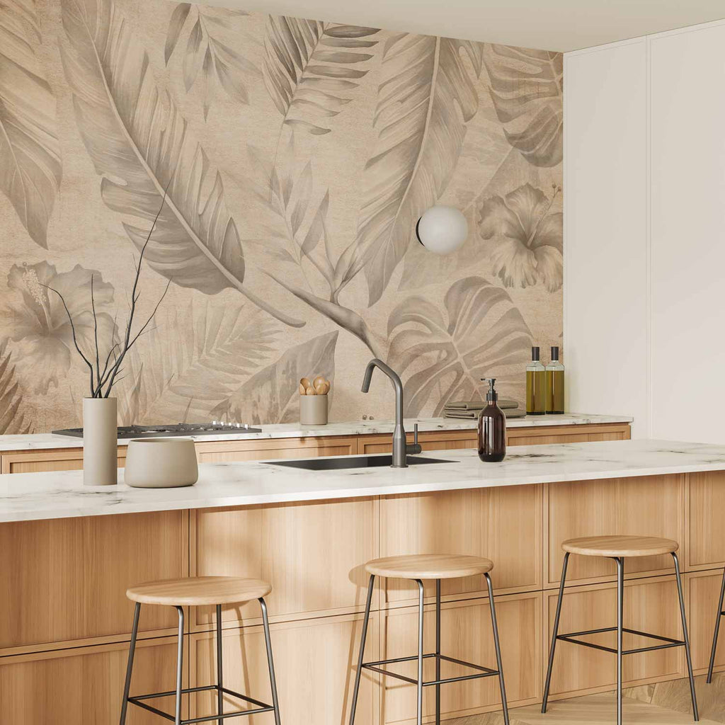 Sepia Tropical Jungle Leaves Wall Mural