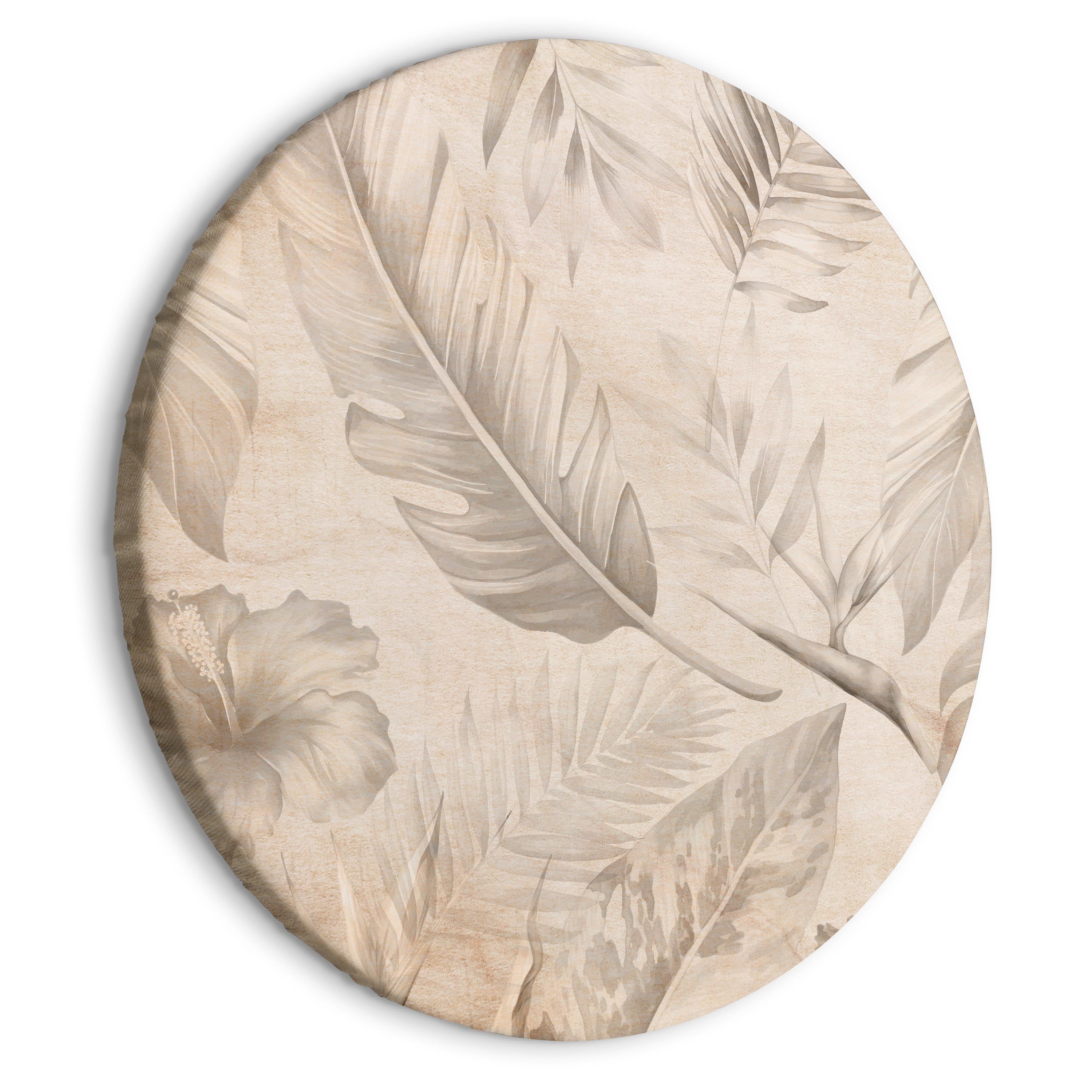 Round Canvas Print - Exotic Leaves & Flowers in Sepia Tropics