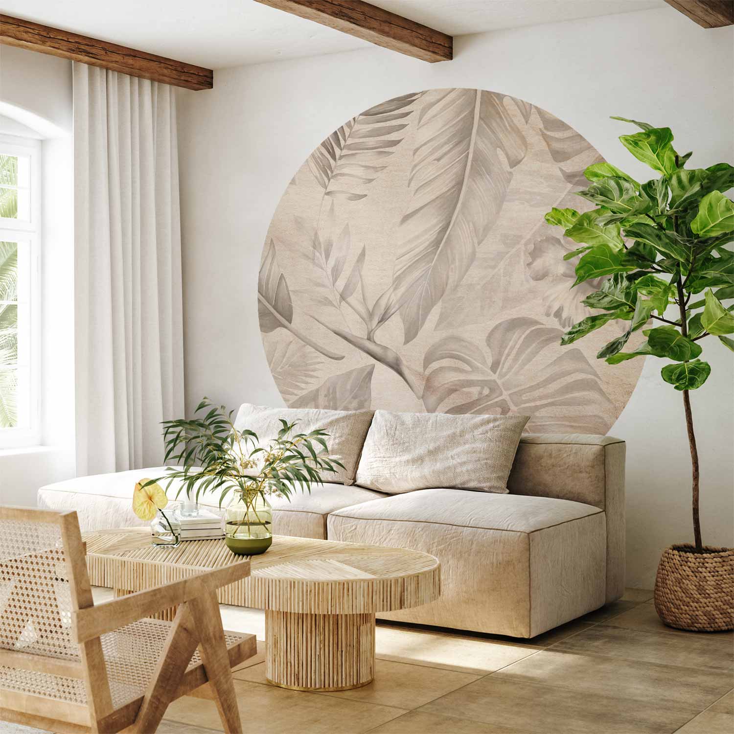 Sepia Tropical Leaves Round Wall Mural