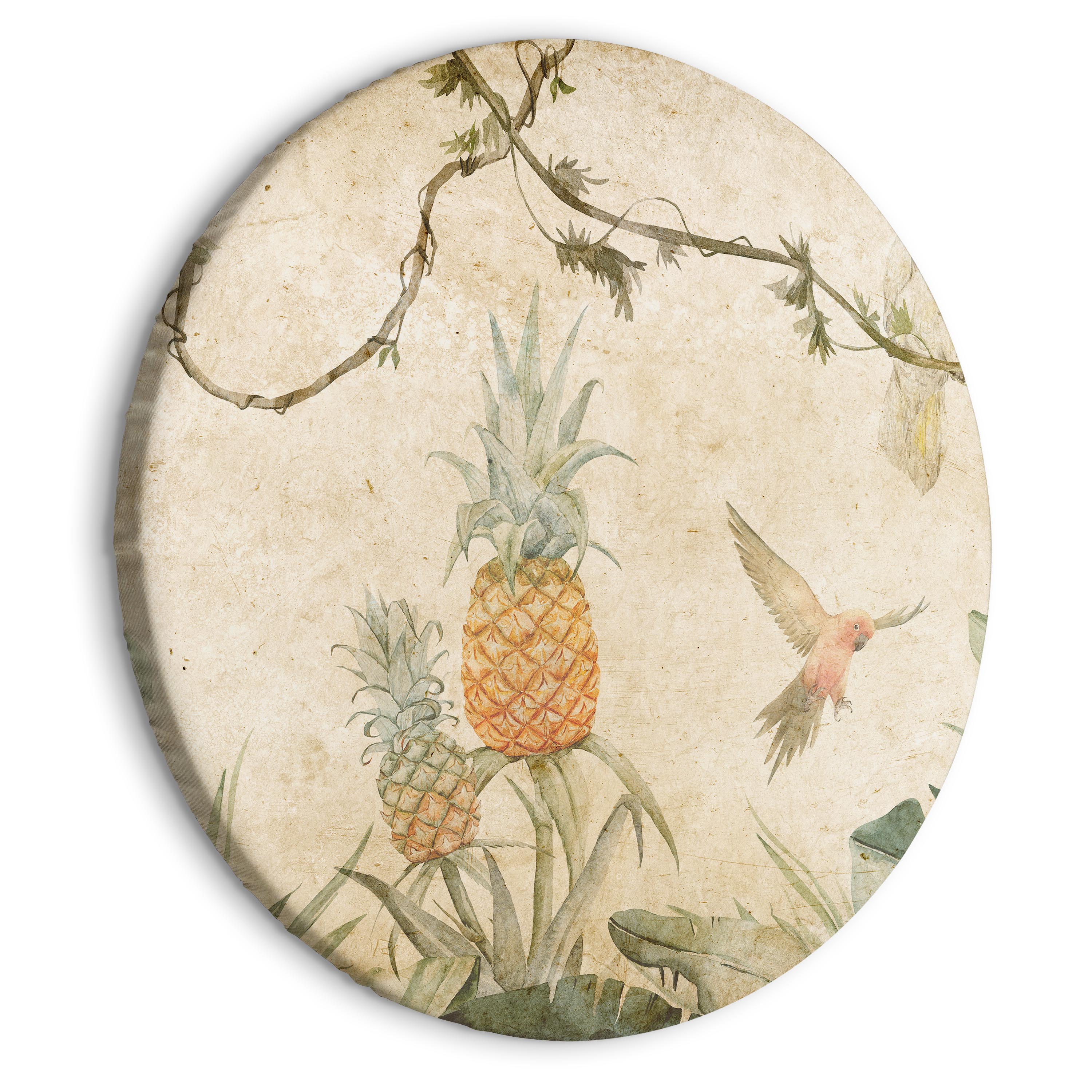 Round Canvas Print - Tropics in muted colors - Parrots and pineapples amidst lush exotic flora in soft shades of green/Parrots in the jungle