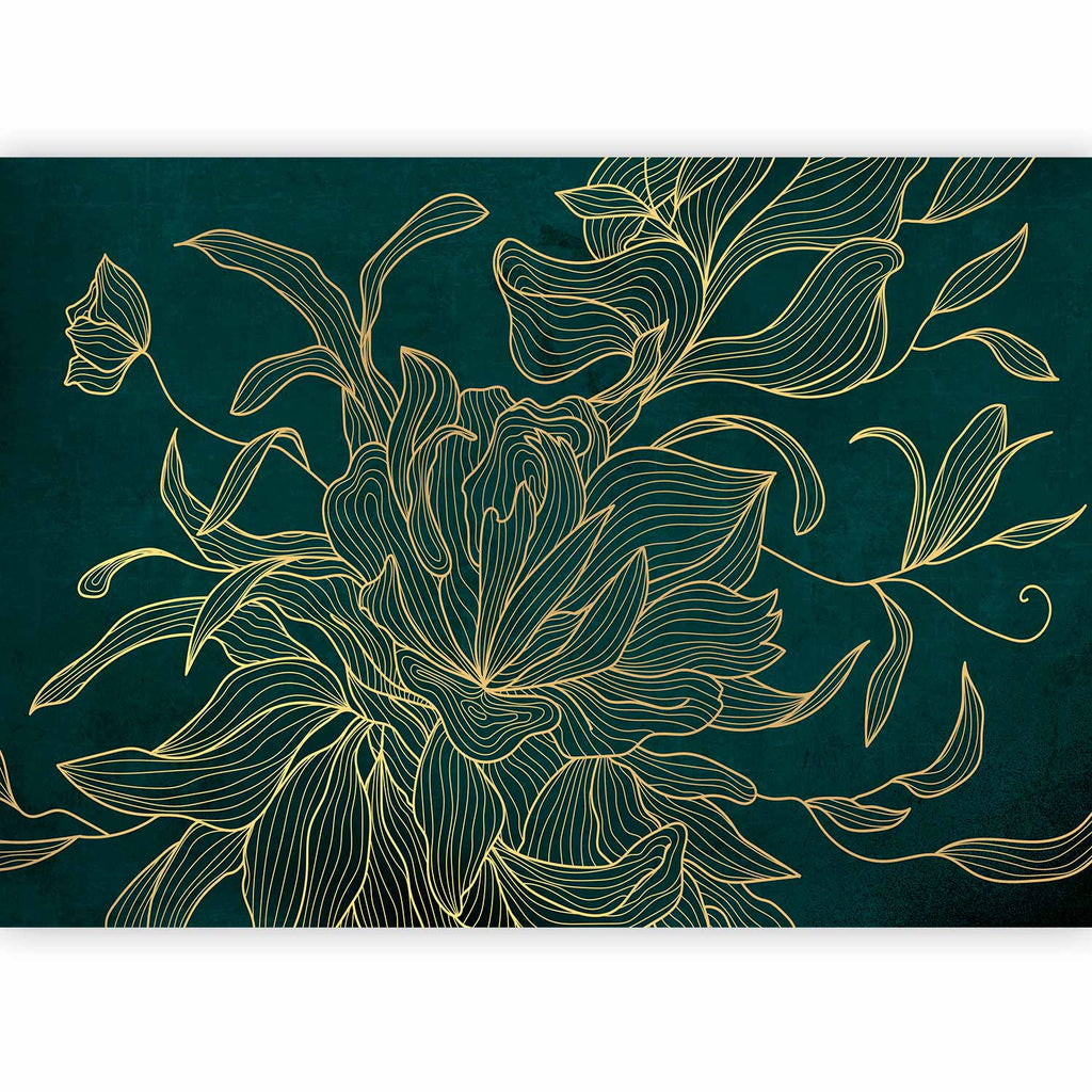 Golden Line Flower on Dark Green Wall Mural