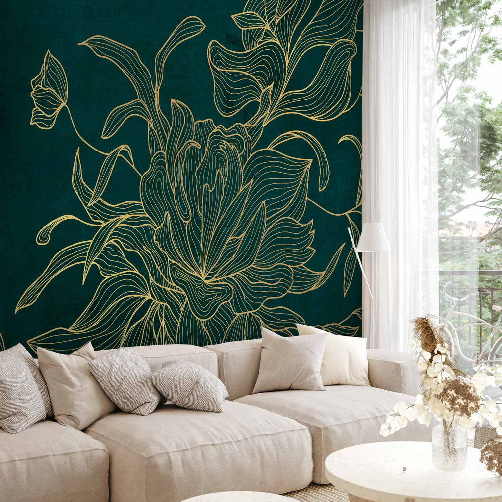 Golden Line Flower on Dark Green Wall Mural