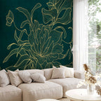 Golden Line Flower on Dark Green Wall Mural
