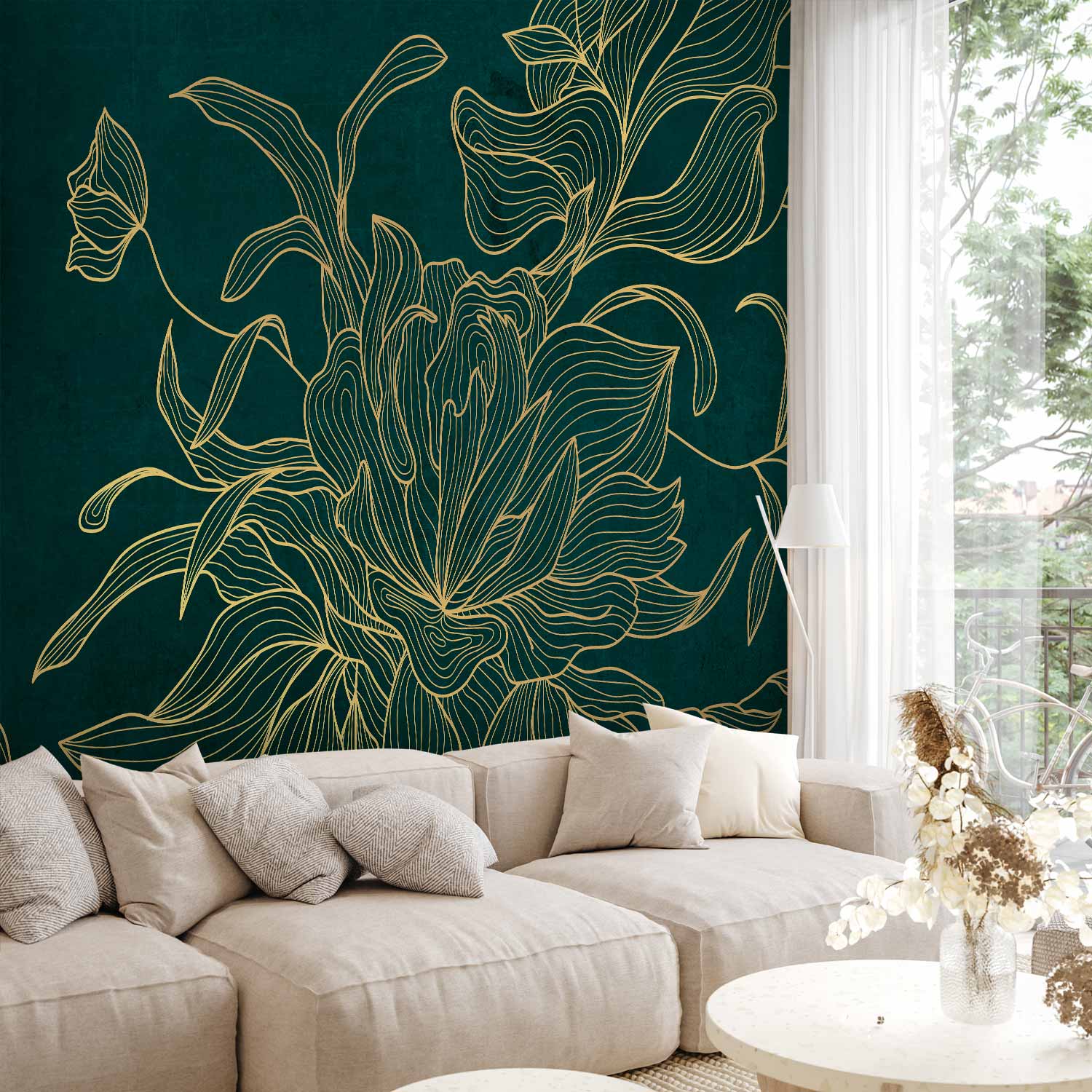 Golden Line Flower on Dark Green Wall Mural