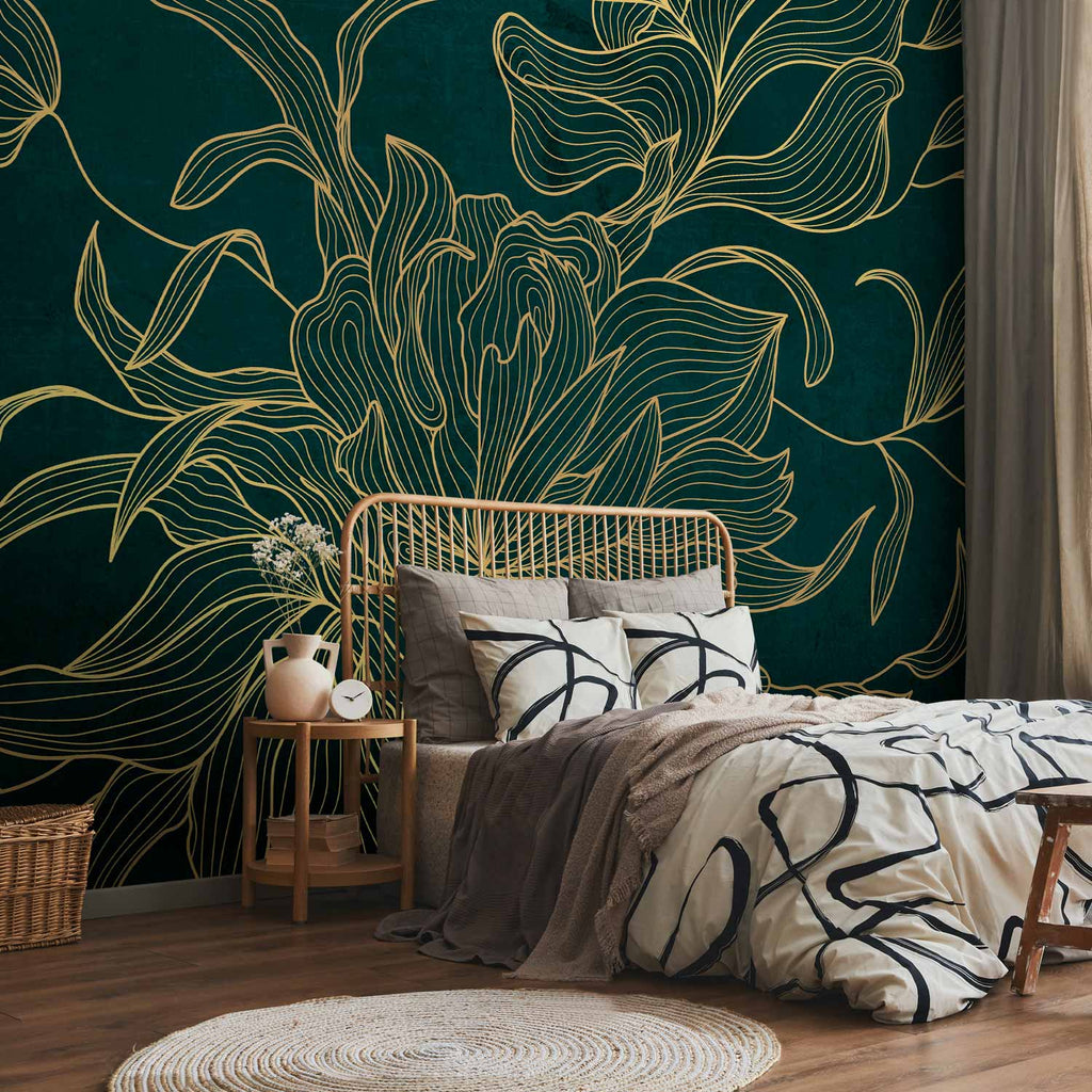 Golden Line Flower on Dark Green Wall Mural