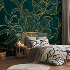 Golden Line Flower on Dark Green Wall Mural