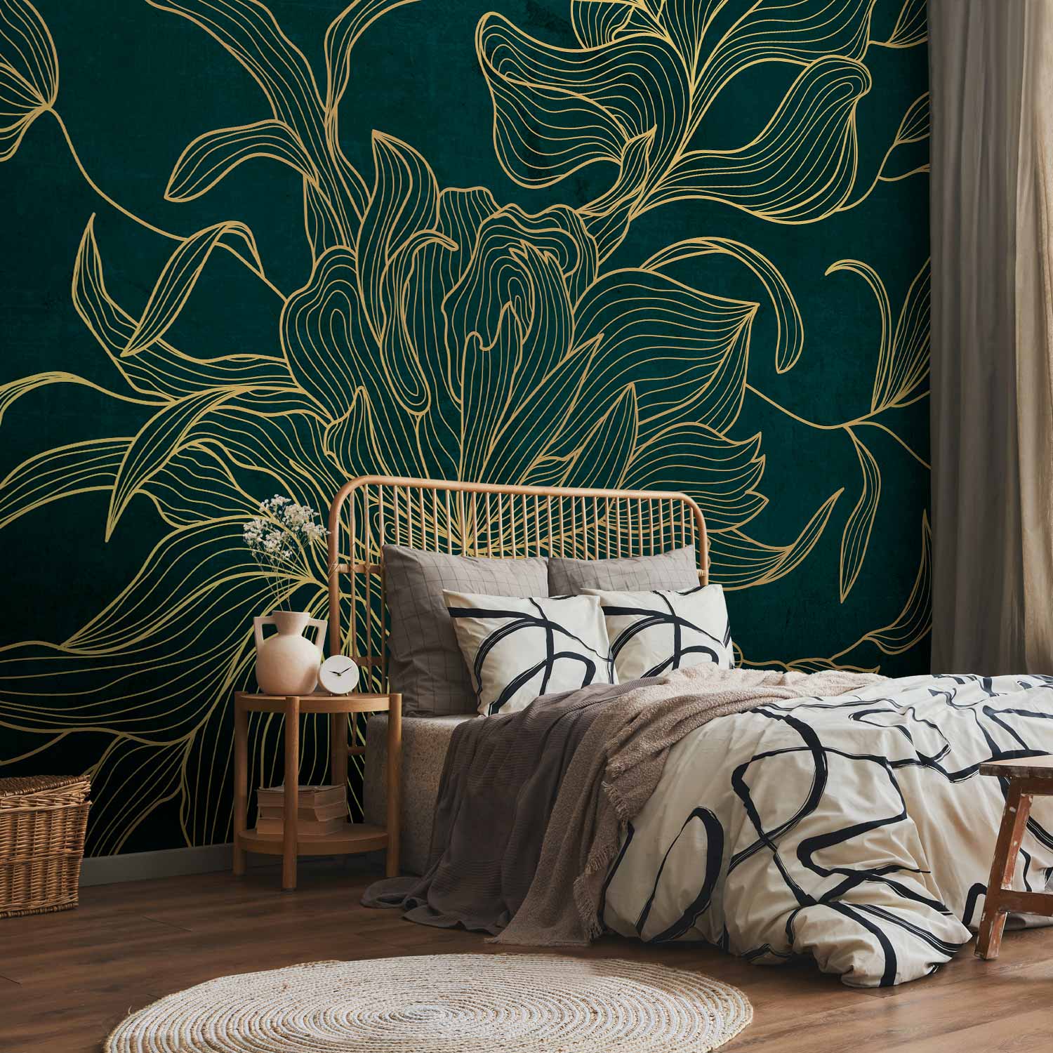 Golden Line Flower on Dark Green Wall Mural