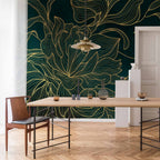 Golden Line Flower on Dark Green Wall Mural