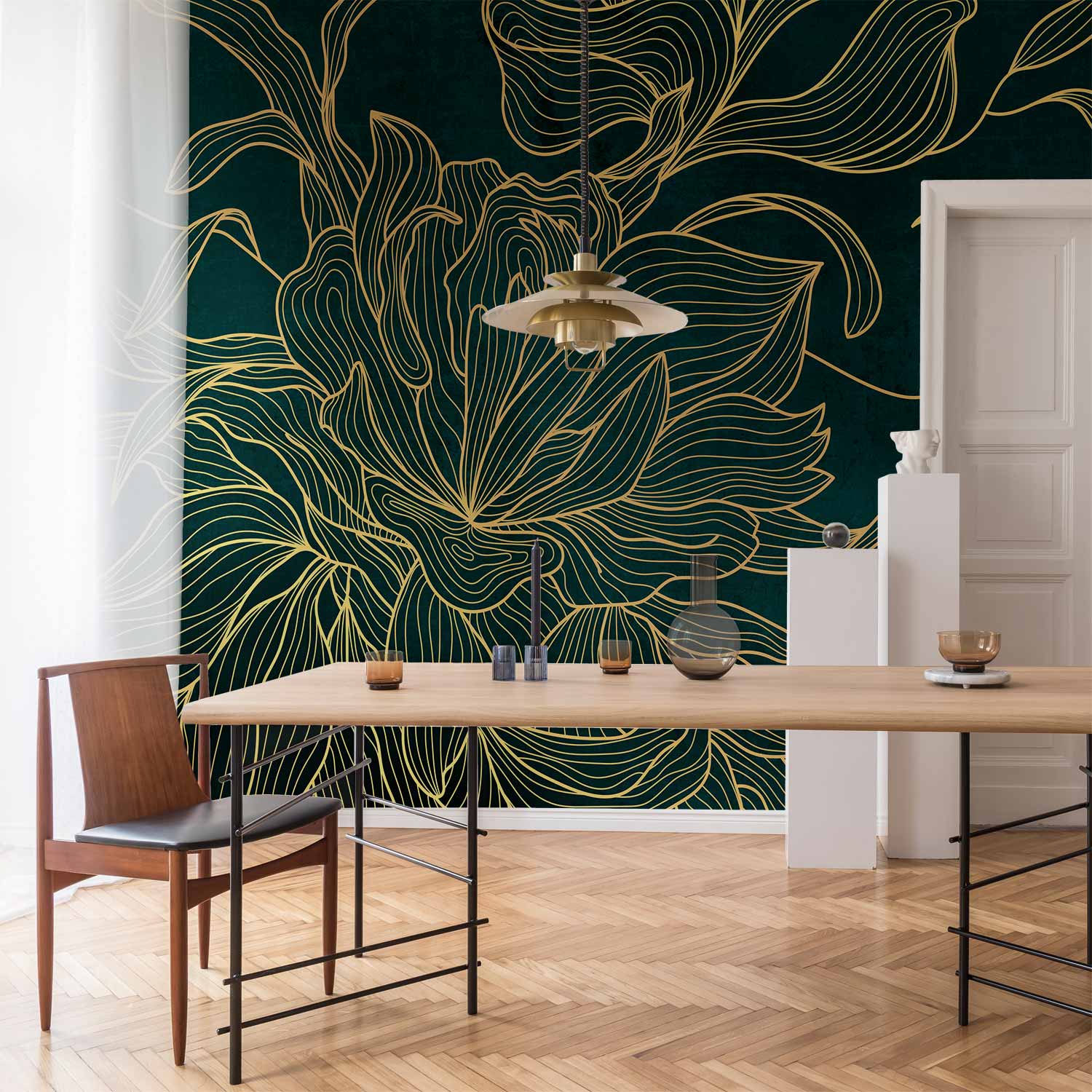 Golden Line Flower on Dark Green Wall Mural