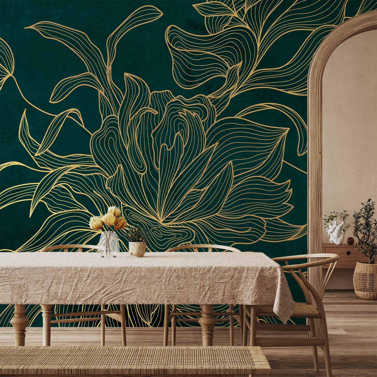 Golden Line Flower on Dark Green Wall Mural