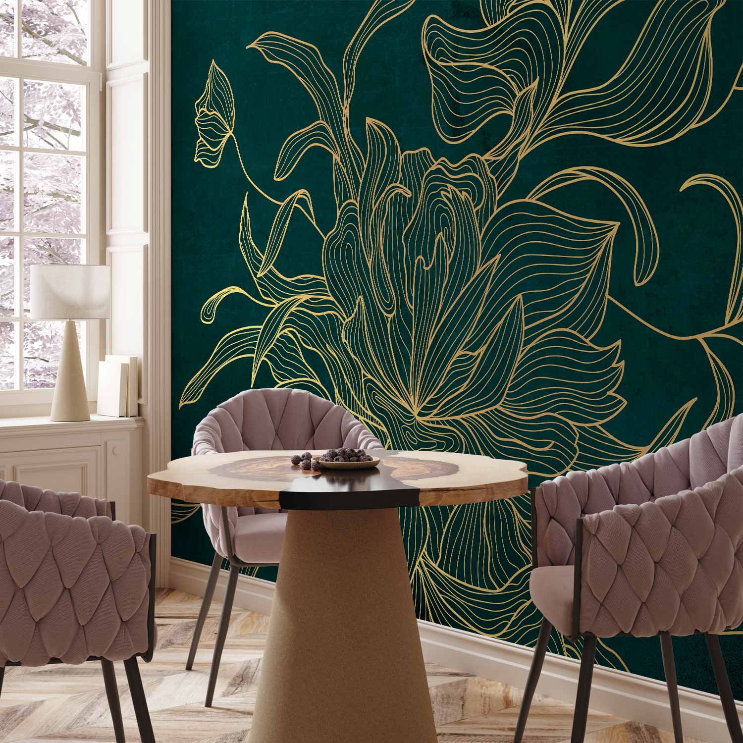 Golden Line Flower on Dark Green Wall Mural