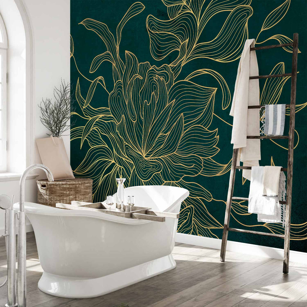 Golden Line Flower on Dark Green Wall Mural