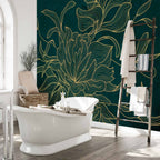 Golden Line Flower on Dark Green Wall Mural