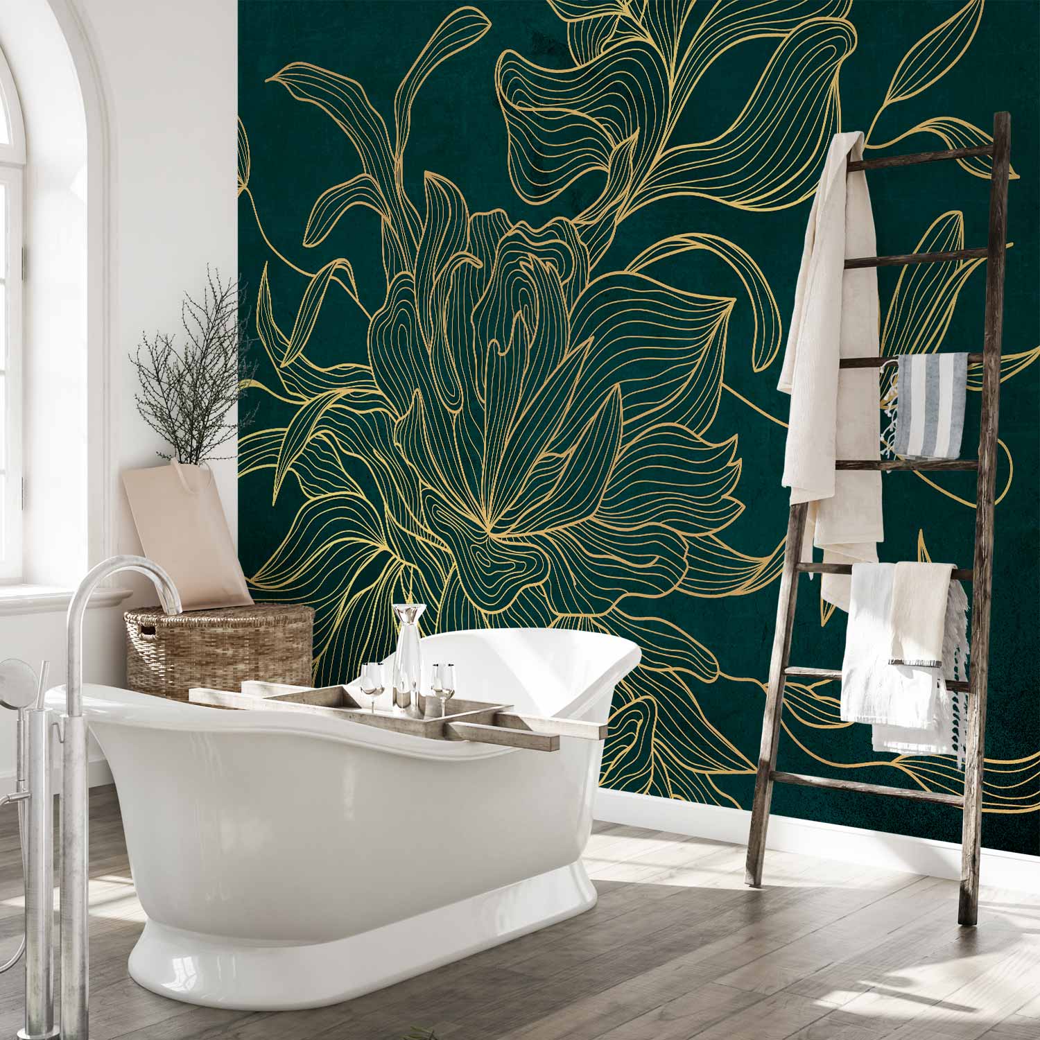 Golden Line Flower on Dark Green Wall Mural