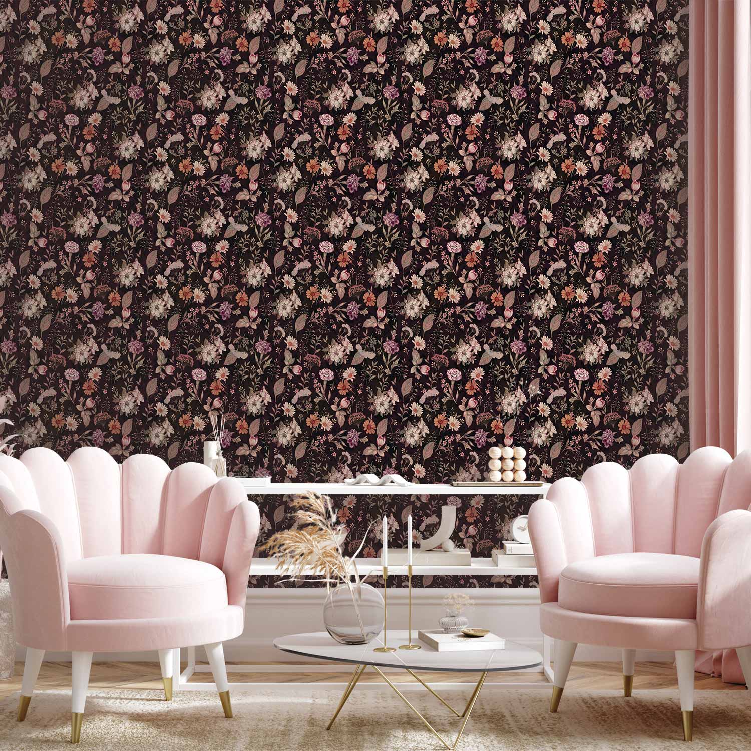 Fragrant Flowers and Herbs Plum Floral Wallpaper