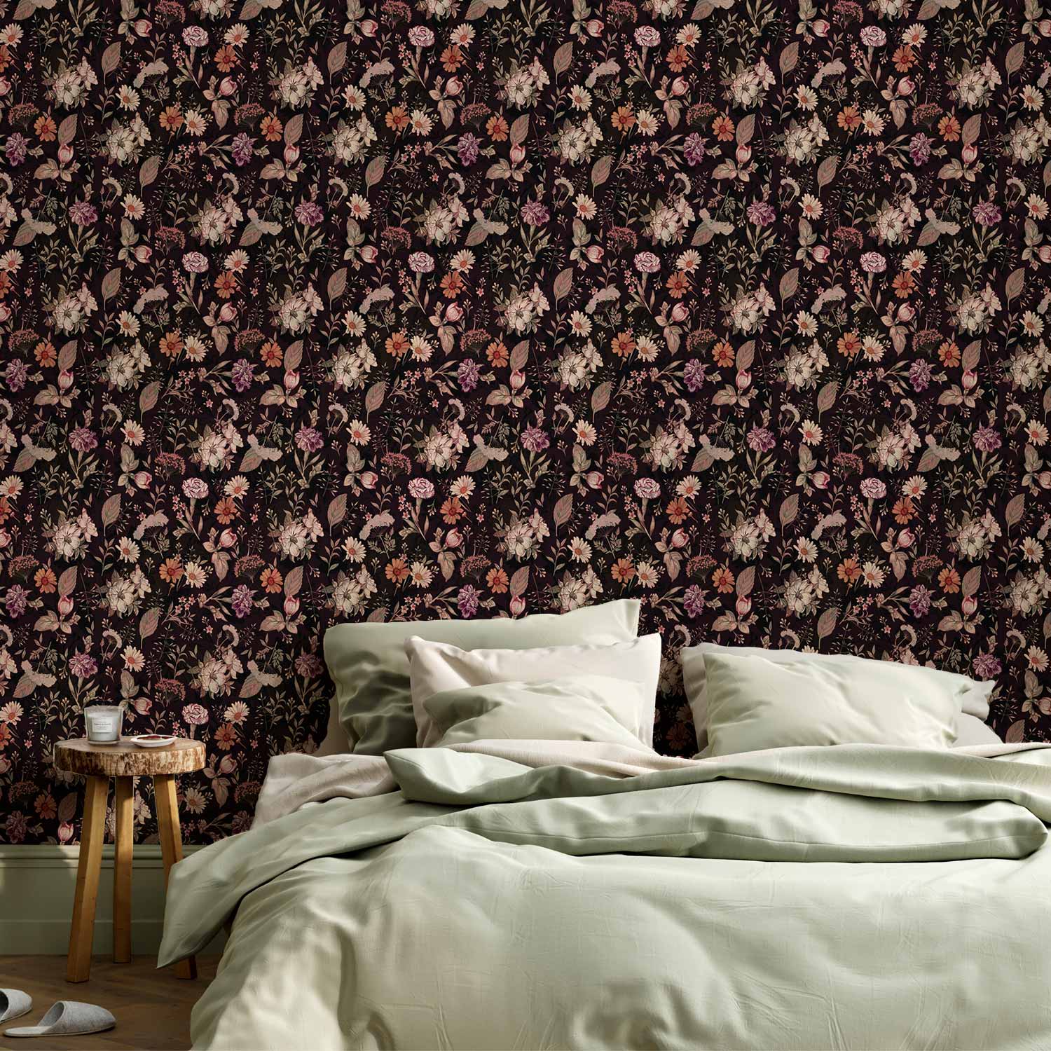 Fragrant Flowers and Herbs Plum Floral Wallpaper