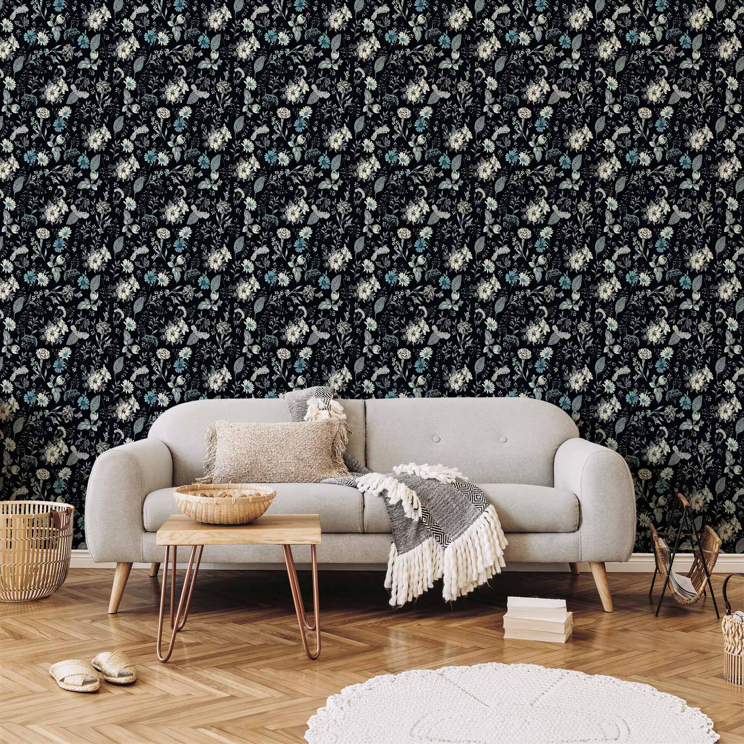Fragrant Flowers and Herbs Blue Floral Wallpaper