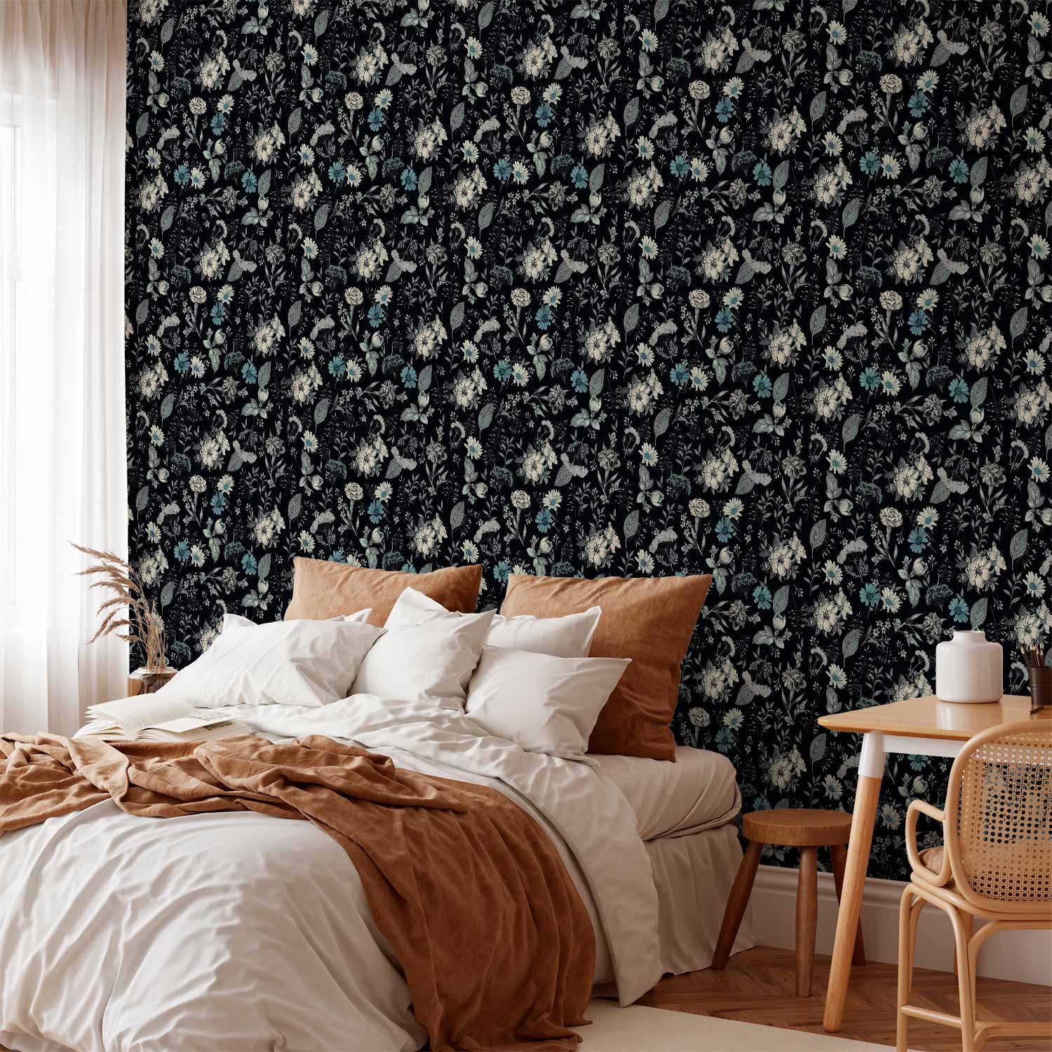 Fragrant Flowers and Herbs Blue Floral Wallpaper