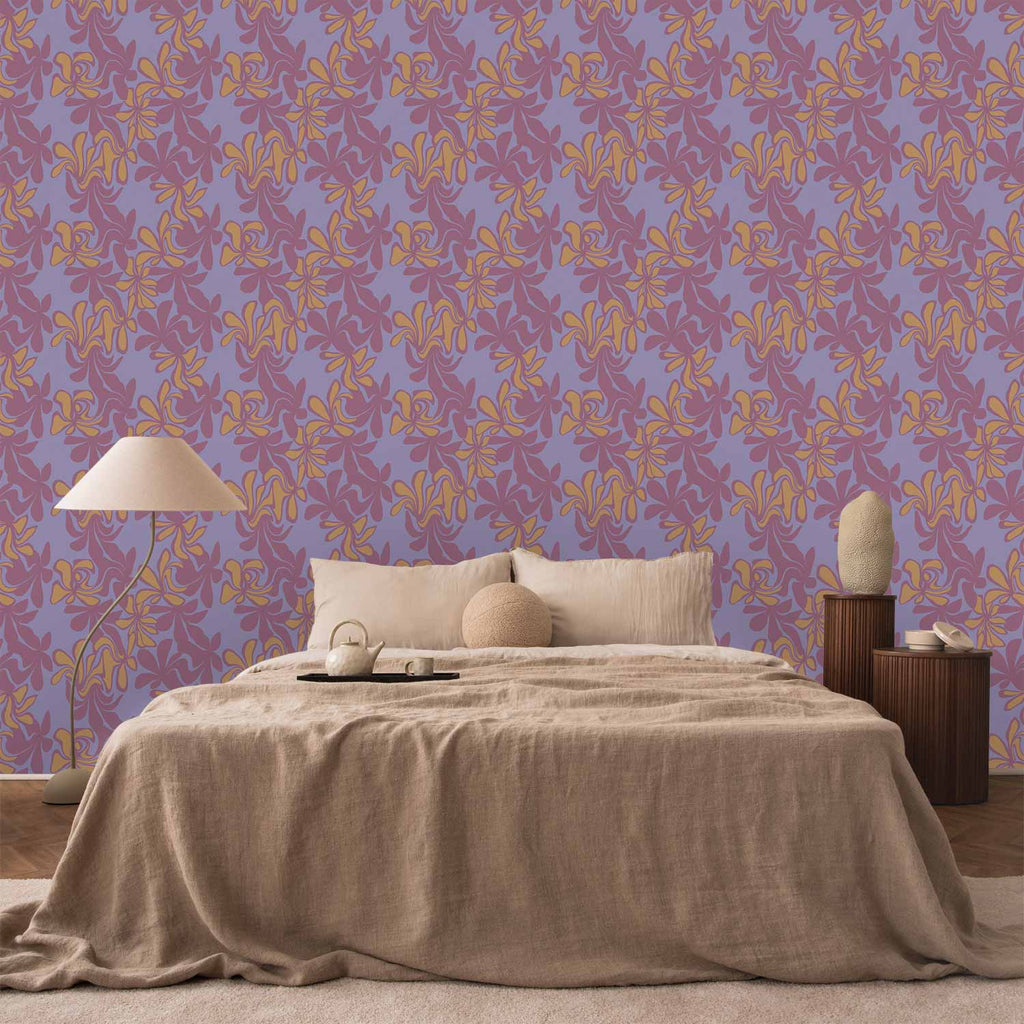 Two-Tone Exotic Flower Wallpaper in Purple and Orange