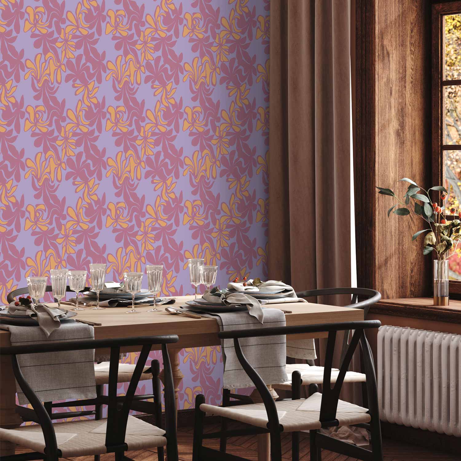 Two-Tone Exotic Flower Wallpaper in Purple and Orange