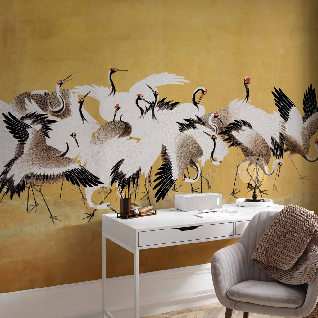 Japanese Cranes Gold Wall Mural