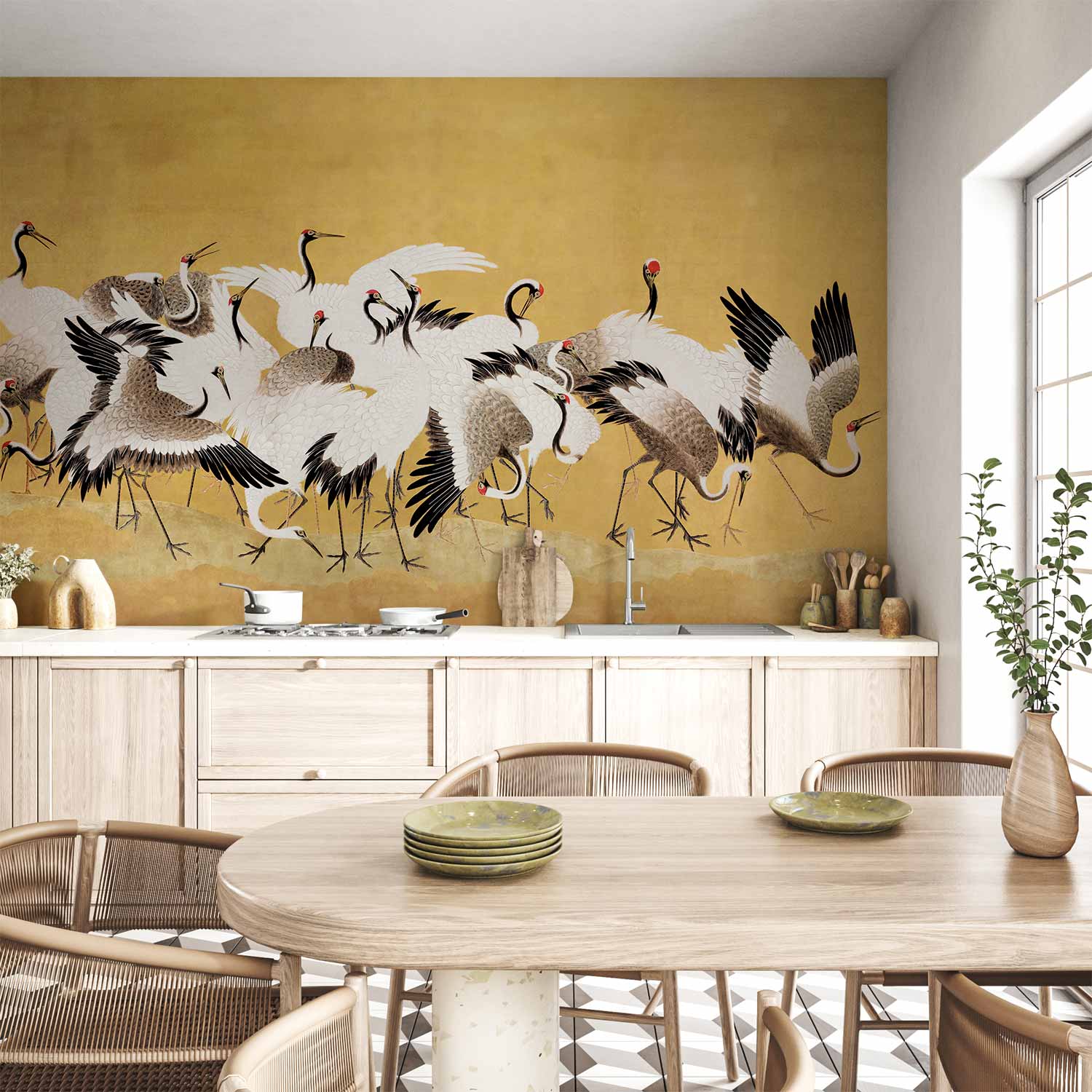 Japanese Cranes Gold Wall Mural