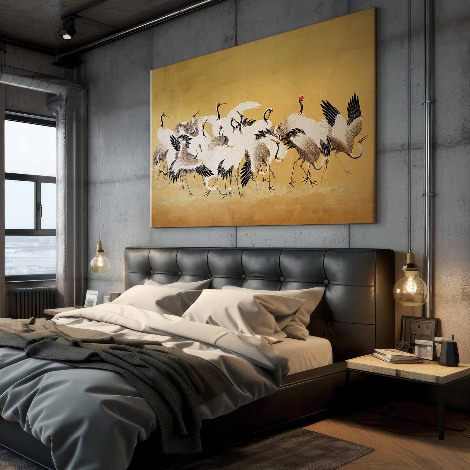 Japanese Crane Flock Gold DIY Large Canvas Print