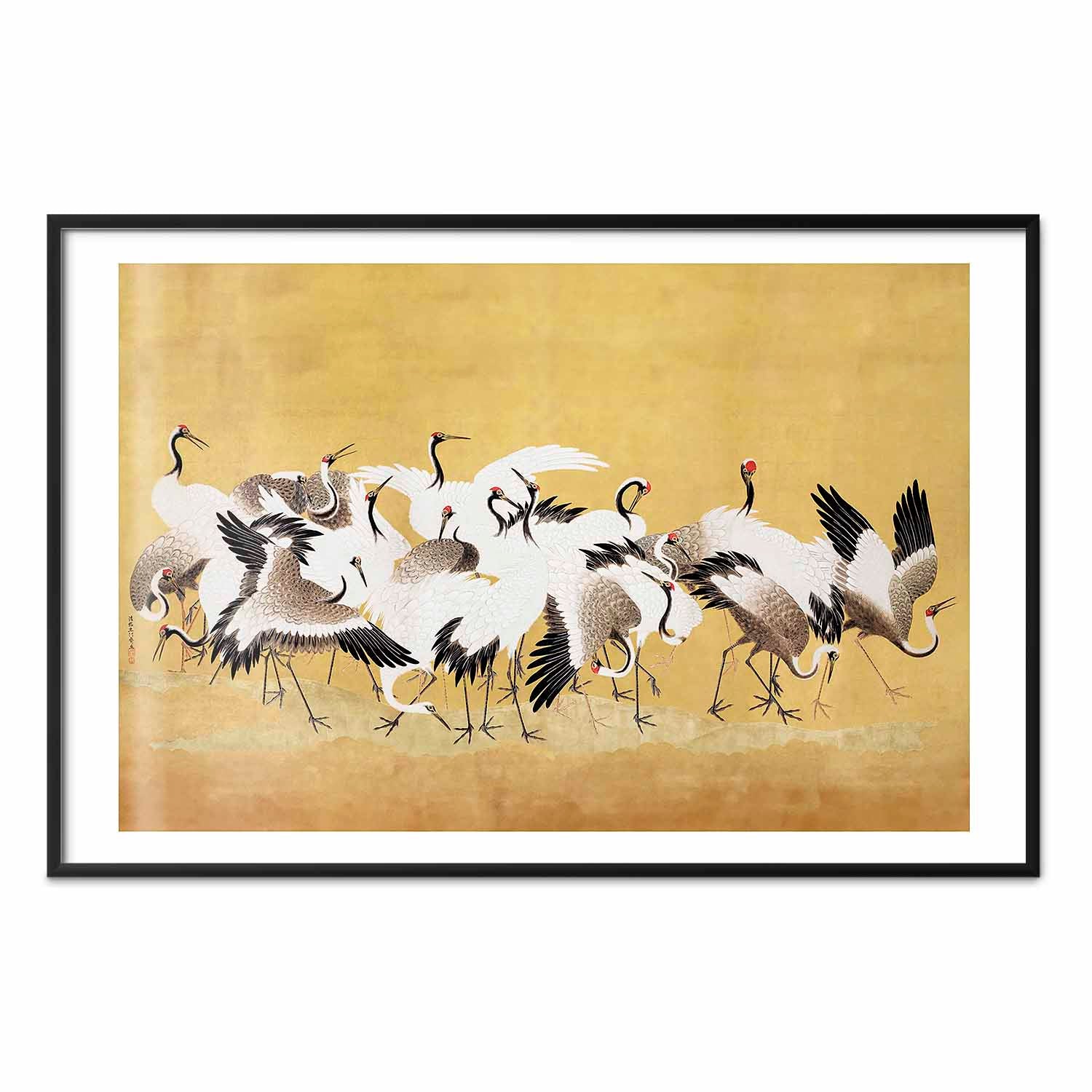 Japanese Cranes Gold Background Poster