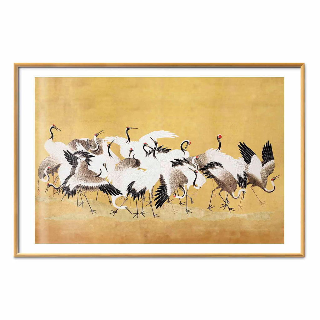 Japanese Cranes Gold Background Poster