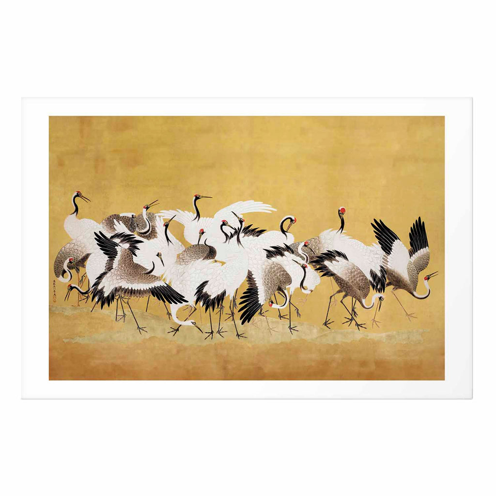 Japanese Cranes Gold Background Poster