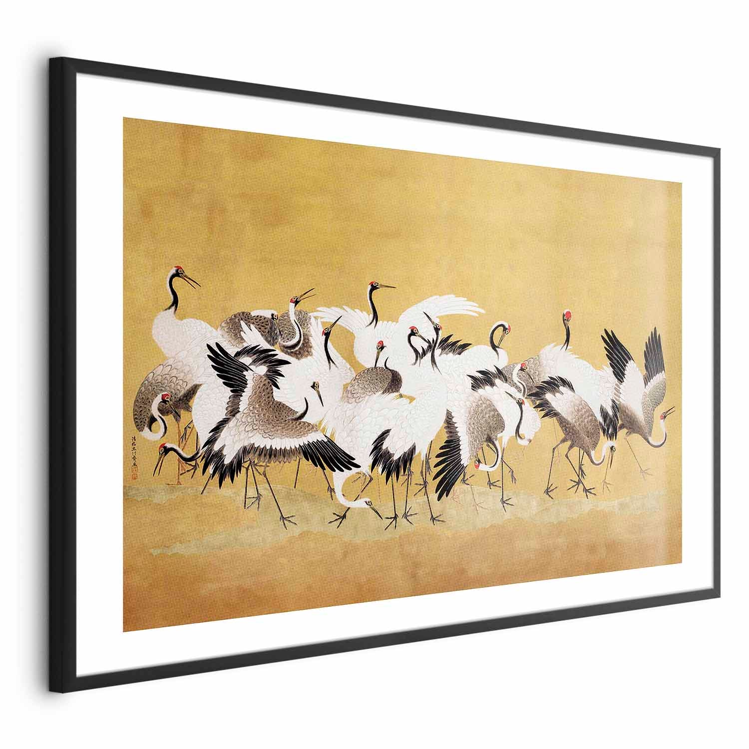 Japanese Cranes Gold Background Poster