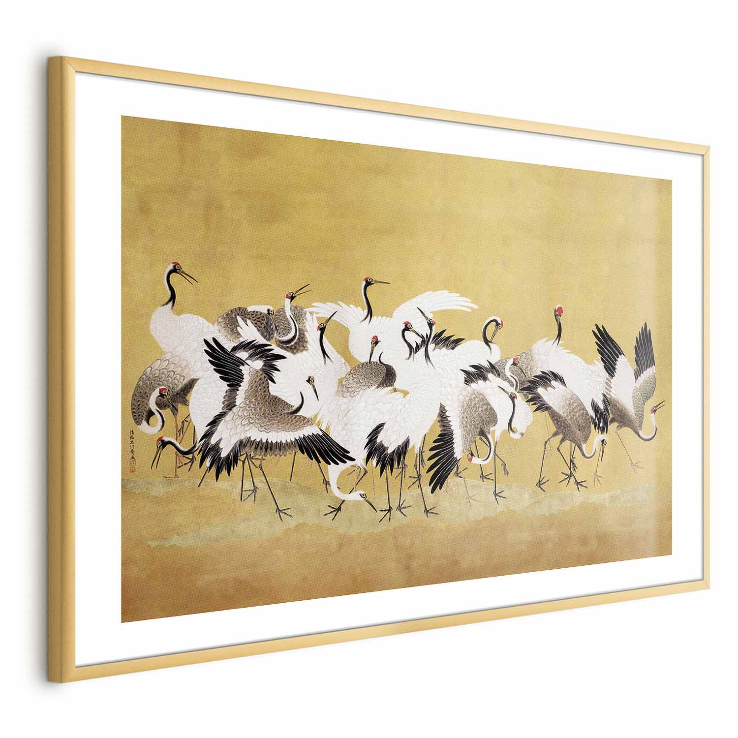 Japanese Cranes Gold Background Poster