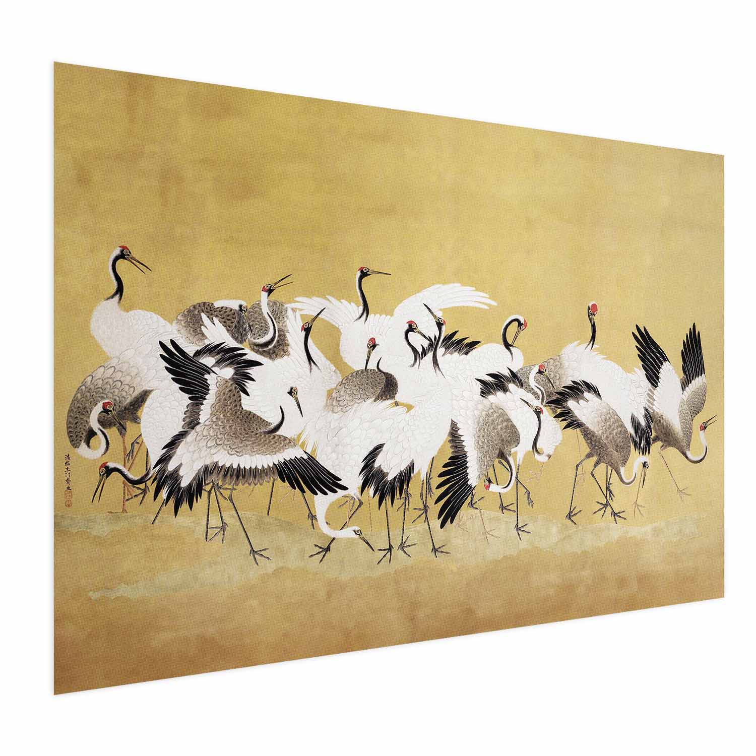 Japanese Cranes Gold Background Poster